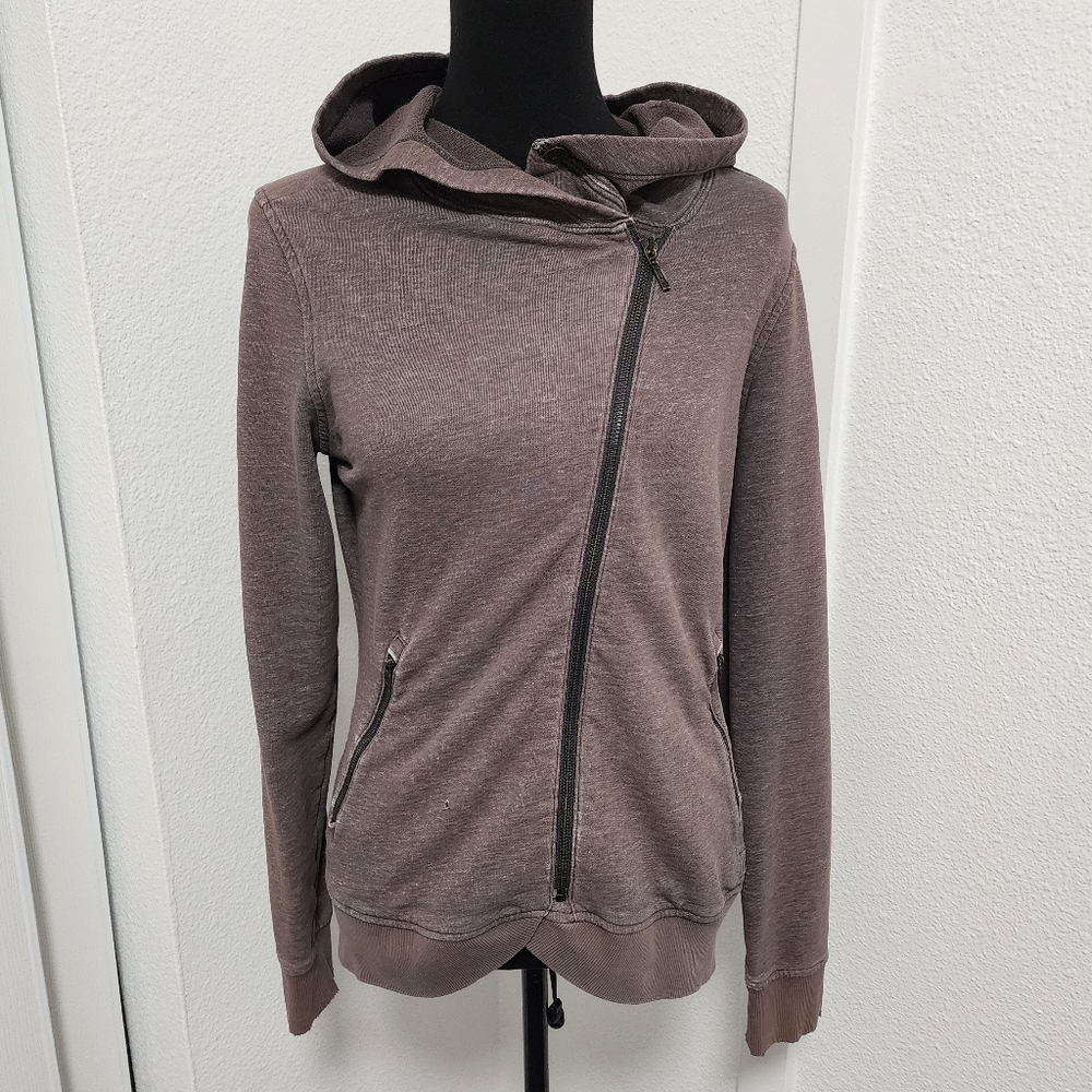 REI Diagonal Zip Front Heather Brown French Terry Hooded Sweater
